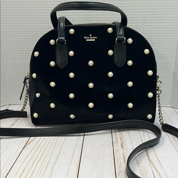 Kate Spade pearl satchel/crossbody. Black velvet & leather. Gold hardware. EUC. - Picture 1 of 9